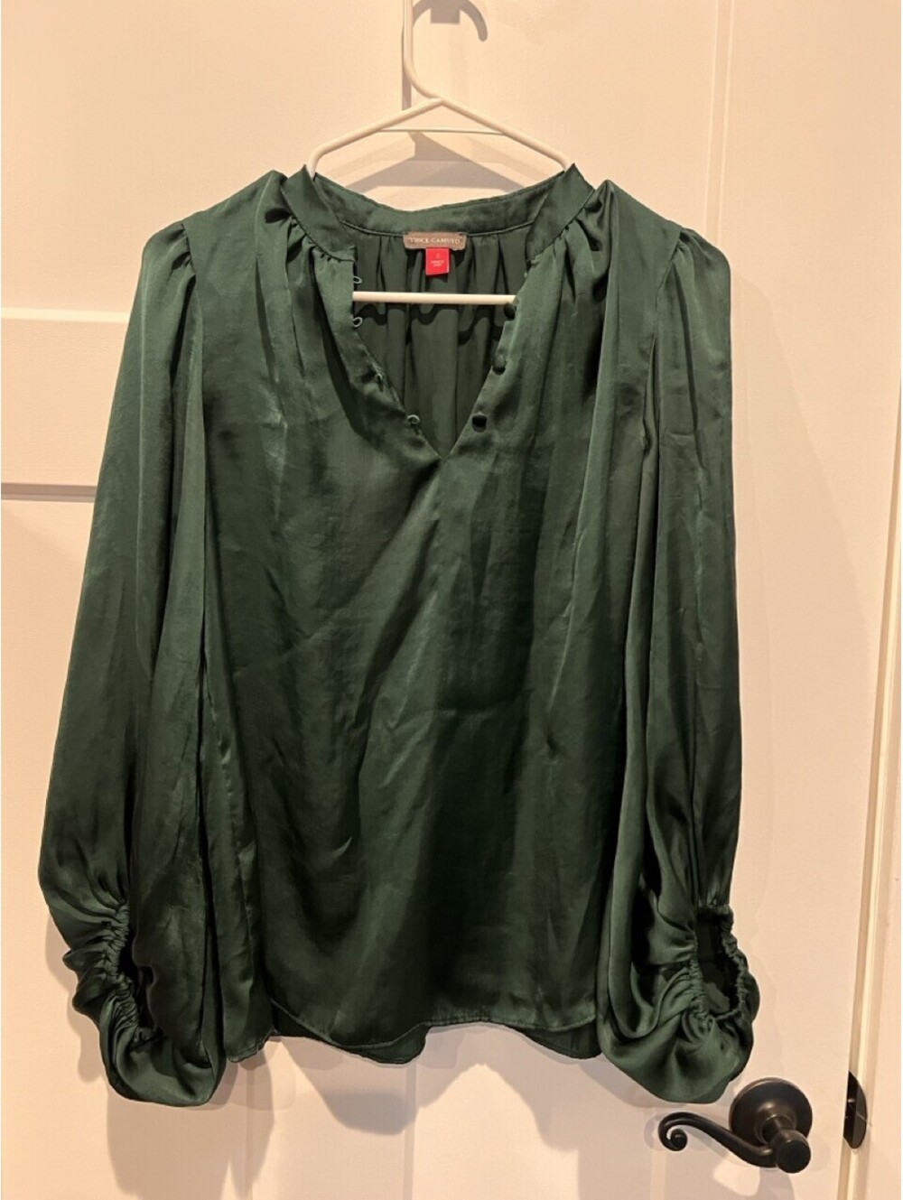 Vince Camuto Womens S Emerald Green Satin Long Sleeve Blouse Top